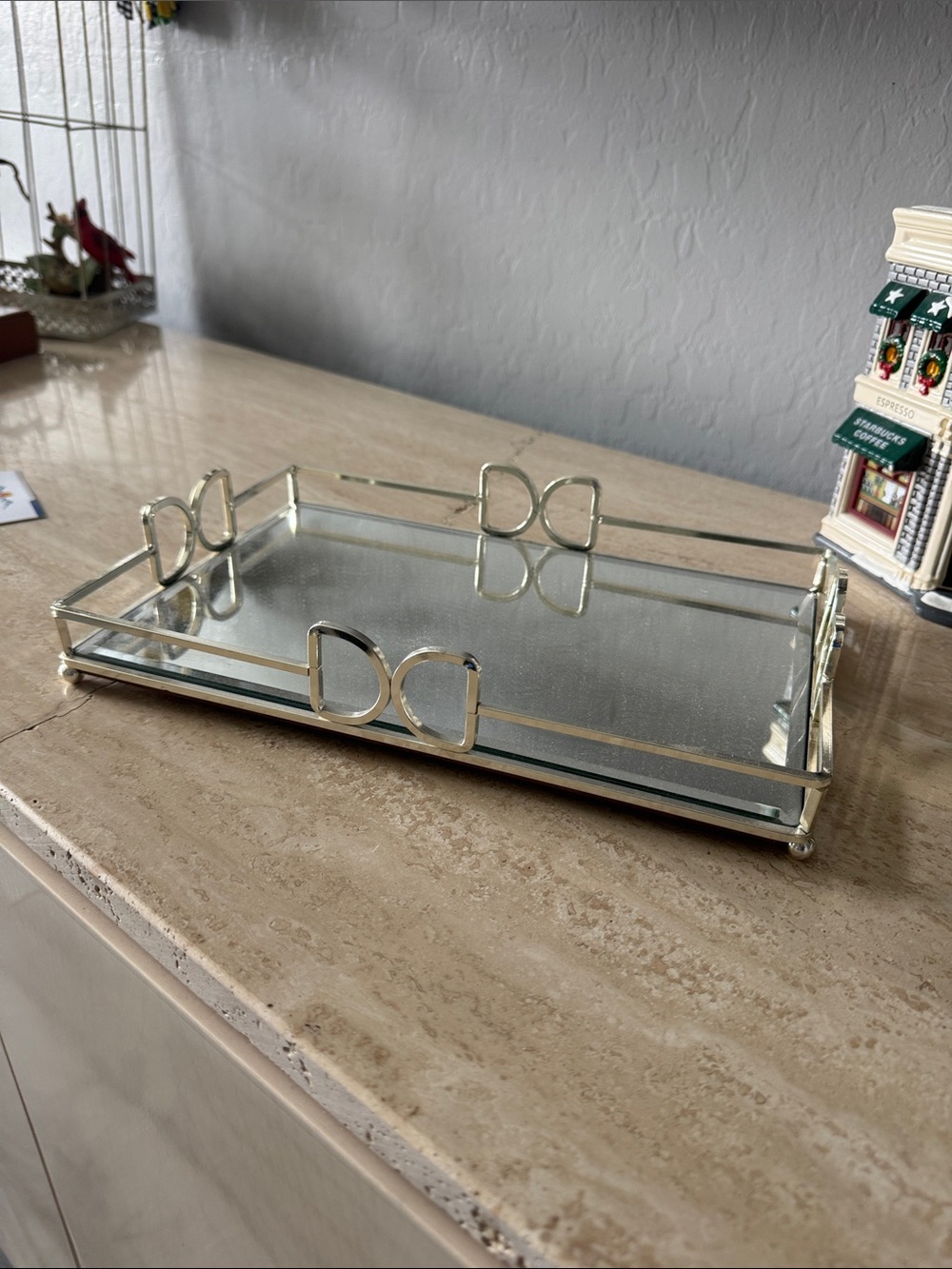 Elegant Silver Glass Vanity Tray - Decorative D Ring Accent